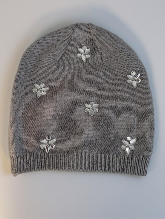 Betsey Johnson Accessories - Betsey Johnson Women's Gray Knit Rhinestone Jewel Embellished Winter Beanie Hat